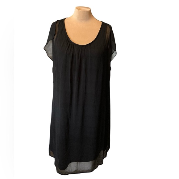 Merona Black Sheer Black Shift Midi Dress with Cap/Flutter Sleeves | Fully Lined - Picture 1 of 8